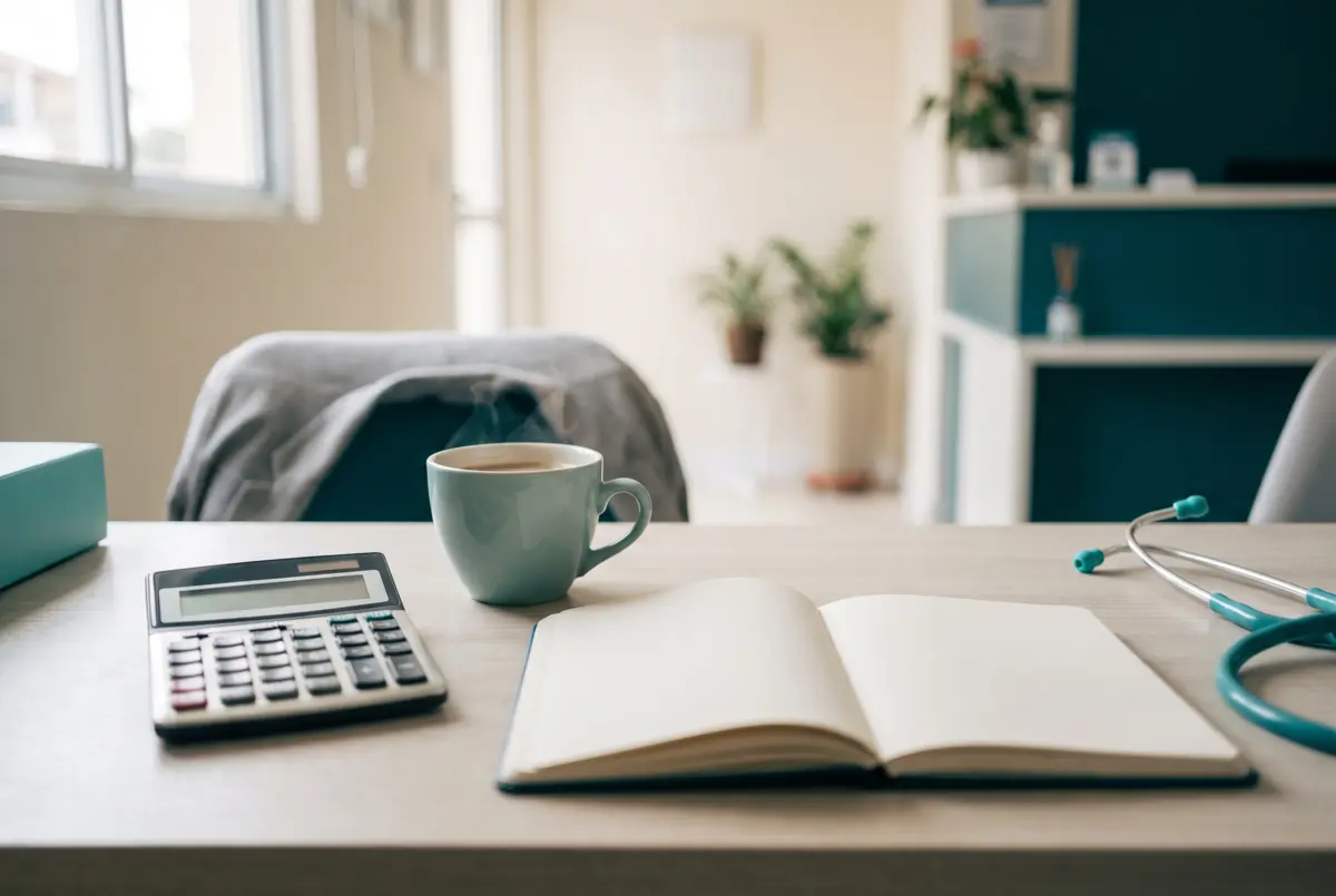 Calculadora e caderno sobre a mesa de um consultório